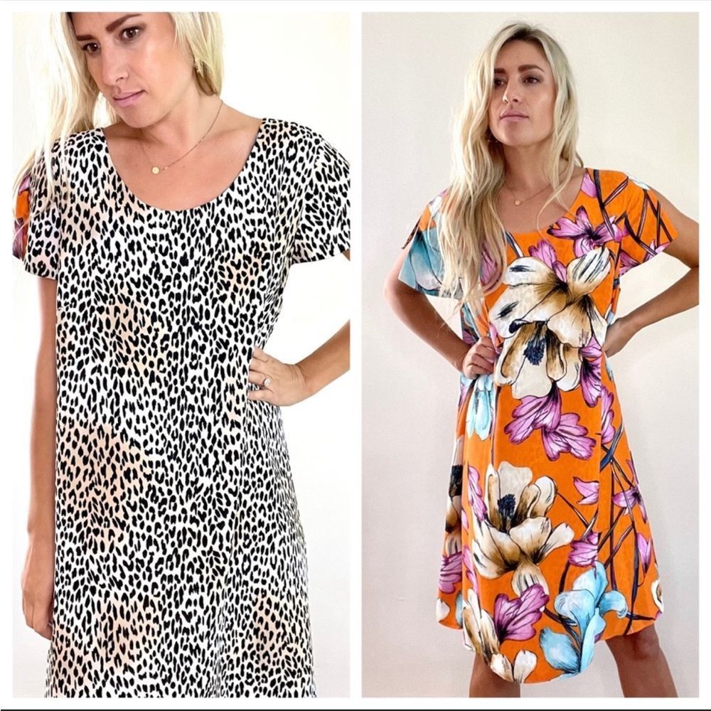 Chico's Size 3 XL Reversible Animal Floral Print Split Sleeve Midi Shift Dress